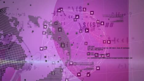 Animation-of-globe,-connections-and-data-processing-over-pink-background