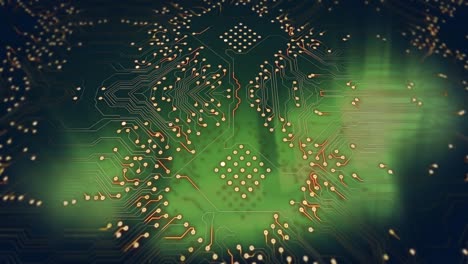 Animation-of-integrated-circuit-over-green-background-with-lights
