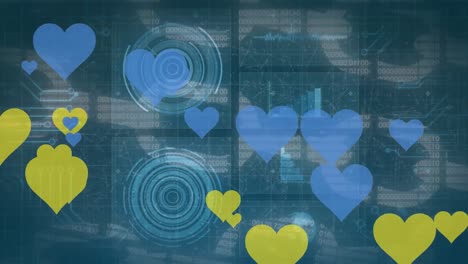 Animation-of-data-processing-and-hearts-over-blue-background