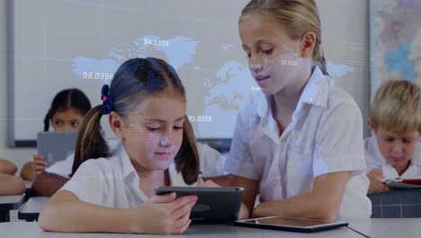 Animation-of-data-processing-over-caucasian-school-children-with-tablets