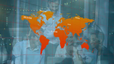 Animation-of-world-map-and-coordinates-over-people-in-office-and-timelapse-with-walking-people