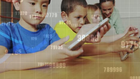 Animation-of-data-processing-over-diverse-schoolchildren-and-teacher-using-tablet