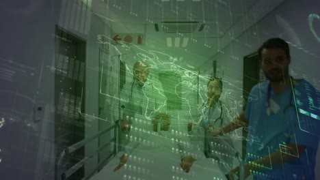 Animation-of-world-map-and-data-processing-over-diverse-doctors-running-on-corridor