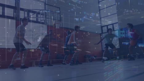 Animation-of-data-processing-over-diverse-male-basketball-players-playing