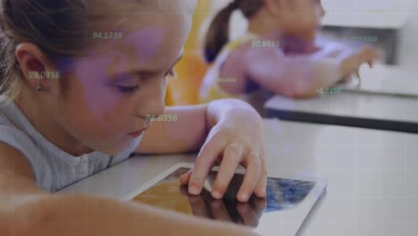 Animation-of-data-processing-over-caucasian-school-children-with-tablets