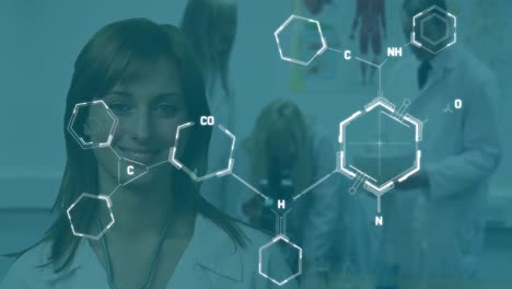 Animation-of-chemical-formulas-over-caucasian-female-doctor-looking-at-camera
