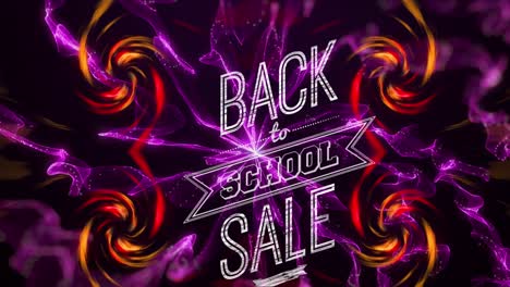 Animation-of-back-to-school-over-yellow-flame-spirals,-purple-shapes-and-black-background