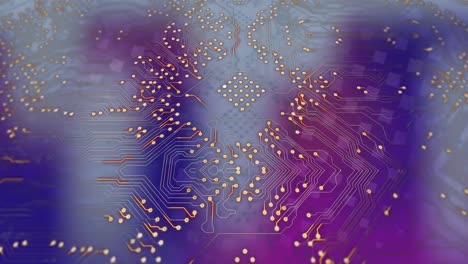 Animation-of-integrated-circuit-over-blue,-pink-and-beige-background