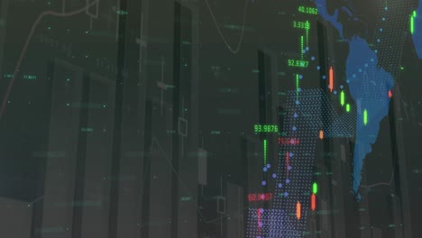 Digitale-Animation-Der-Statistischen-Und-Finanziellen-Datenverarbeitung-über-Einer-Weltkarte-Auf-Grauem-Hintergrund