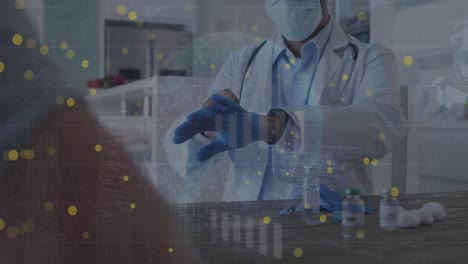 Animation-of-yellow-dots-over-caucasian-doctor-in-face-mask-and-gloves-preparing-for-vaccination