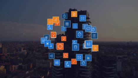 Animation-Eines-Netzwerks-Von-Verbindungen-Und-Symbolen-über-Dem-Stadtbild