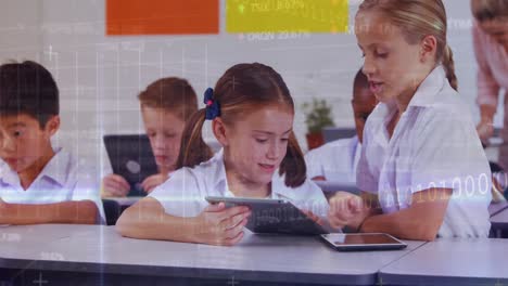 Animation-of-data-processing-over-diverse-schoolchildren-and-teacher-using-tablet