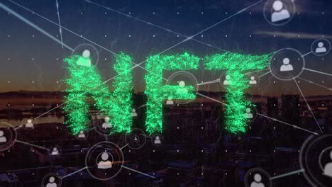 Animation-of-network-of-connections-and-nft-text-over-cityscape