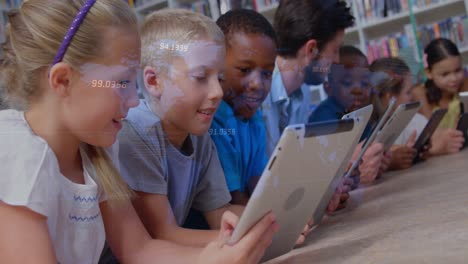 Animation-of-data-processing-over-diverse-schoolchildren-and-teacher-using-tablets-in-classroom