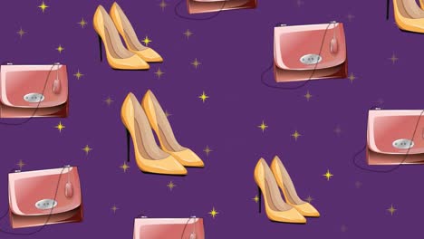 Animation-of-heels,-bags-and-stars-over-purple-background