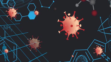 Animation-Fallender-Zellen-Und-Chemischer-Formeln-Auf-Schwarzem-Hintergrund