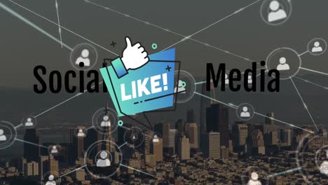 Animation-of-network-of-connections-with-social-media-icons-over-cityscape