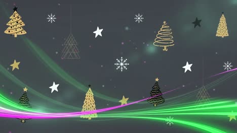 Animation-Von-Lichtspuren-über-Weihnachtsbäumen
