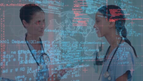 Animation-of-globe-and-data-processing-over-diverse-female-doctors-smiling-at-camera