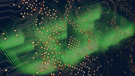 Animation-of-integrated-circuit-over-green-background-with-squares