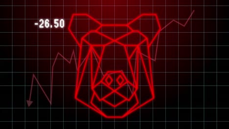 Animation-of-bear-geometrical-shape-and-financial-graph-over-dark-red-background