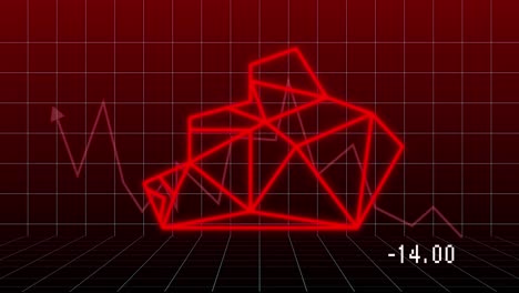 Animation-of-bear-profile-geometrical-shape-and-financial-graph-over-dark-red-background