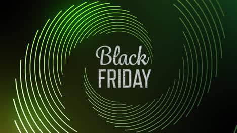 Animation-of-black-friday-over-rotating-green-lines-on-black-background