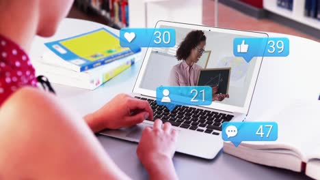Animation-of-digital-icons-with-increasing-numbers-over-caucasian-girl-having-a-videocall-on-laptop