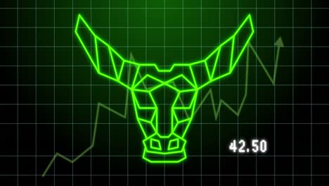 Animation-of-bull-geometrical-shape-and-financial-graph-over-green-background