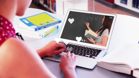 Animation-of-heart-icons-over-caucasian-woman-using-laptop
