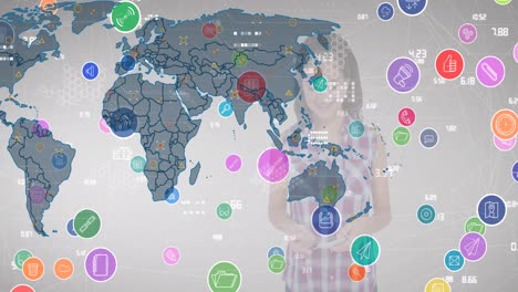 Animation-of-network-of-digital-icons-over-world-map-against-caucasian-girl-using-smartphone