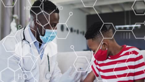 Animation-Von-Molekülen-über-Einem-Afroamerikanischen-Männlichen-Arzt-Mit-Patient