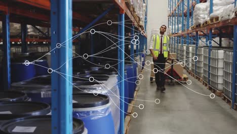 Animation-of-network-of-connections-over-biracial-male-warehouse-worker