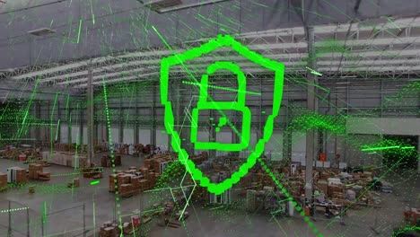 Animation-of-digital-shield-with-padlock-over-warehouse