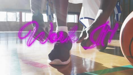 Animation-Der-Arbeit-über-Einem-Afroamerikanischen-Basketballspieler,-Der-Schuhe-Bindet
