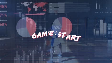 Animation-Des-Spielstarts-Und-Der-Finanzdiagramme-über-Einem-Afroamerikanischen-Männlichen-Basketballspieler