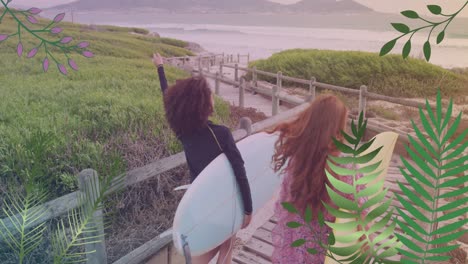 Animation-of-happy-diverse-female-surfers-walking-with-surfing-boards