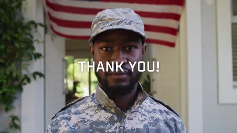 Animation-of-thank-you-over-african-american-soldier-looking-at-camera-over-flag-of-usa