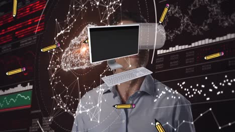 Animation-of-diverse-data-and-screen-over-caucasian-man-in-vr-headset-and-digital-padlock