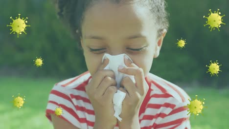 Animation-of-virus-cells-over-biracial-girl-sneezing-nose