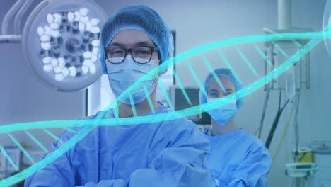 Animation-of-dna-strand-over-diverse-surgeons-with-face-masks
