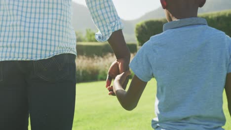 Video-Eines-Glücklichen-Afroamerikanischen-Vaters-Und-Sohnes,-Die-Zeit-Miteinander-Im-Garten-Verbringen