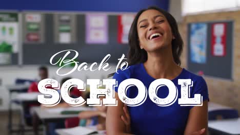 Animation-of-back-to-school-text-over-biracial-female-teacher-smiling