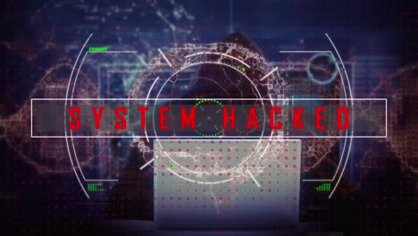 Animation-of-system-hacked-over-brain,-viewfinder-and-navy-background