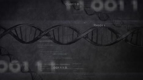 Animation-of-data-processing,-numbers-and-dna-over-grey-background