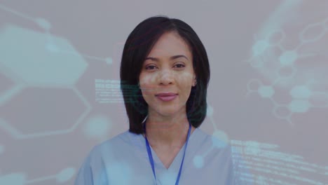 Animation-of-chemical-formula-and-data-processing-over-biracial-female-doctor