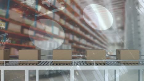 Animation-of-white-arrows-pointing-up-over-cardboard-boxes-on-conveyor-belts-in-warehouse
