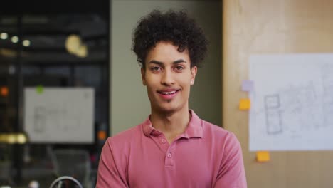 Portrait-of-happy-biracial-businessman-looking-at-camera-at-office
