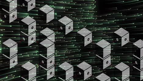 Animation-of-cubes-and-green-lights-moving-on-black-background