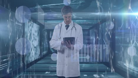 Animation-of-diverse-data-on-digital-screens-over-caucasian-male-doctor-using-tablet
